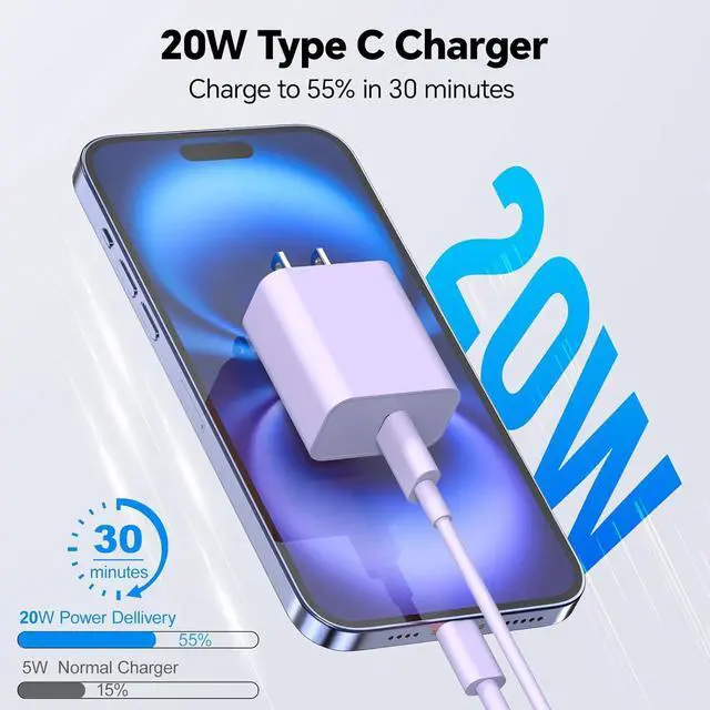 Alt view image 2 of 7 - 20W USB C Wall Charger Block Compatibile with Phone 15 16 Pro Charger Fast Charging with 10FT Long Type C Cable for Phone16/15 Pro Max 16Plus 15Plus I-Pad/Pad Pro/Air/Samsumg and More(Purple Red)