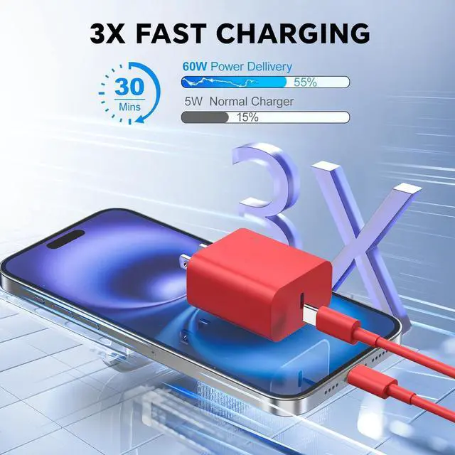 Alt view image 4 of 7 - 20W USB C Wall Charger Block Compatibile with Phone 15 16 Pro Charger Fast Charging with 10FT Long Type C Cable for Phone16/15 Pro Max 16Plus 15Plus I-Pad/Pad Pro/Air/Samsumg and More(Purple Red)
