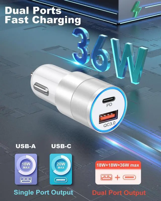 Alt view image 3 of 7 - USB C Car Charger 4 Pack 2-Port 36W Fast Charging PD3.0&QC3.0 Fast Car Chargers Type C Cigarette Lighter Power Adapter Compatible for iPhone 16 15 14 13 12 Pro Max  Galaxy S25 S24 A35