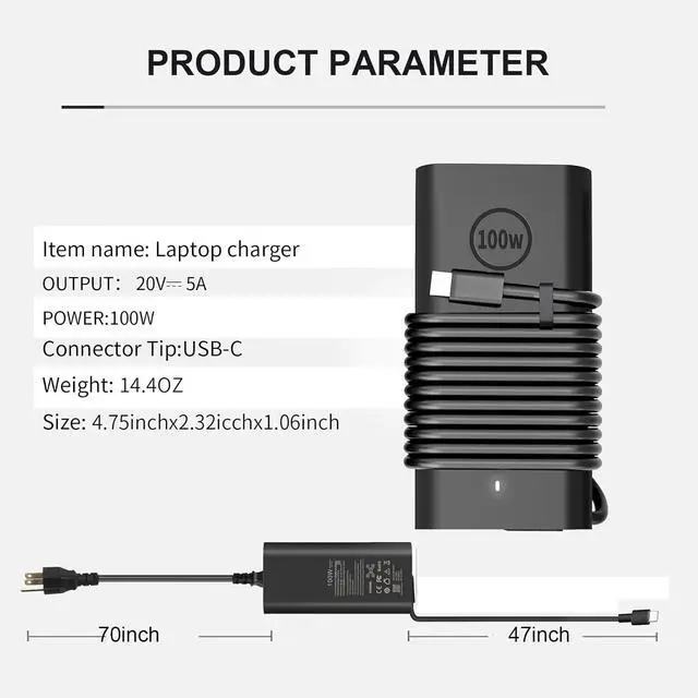 Alt view image 3 of 6 - New GAN Slim AC Adapter,100W USB C Laptop Charger for DELL Latitude 5540 5440 5340 7440 Inspiron 14 Power Cord,100W Dell Laptop Charger