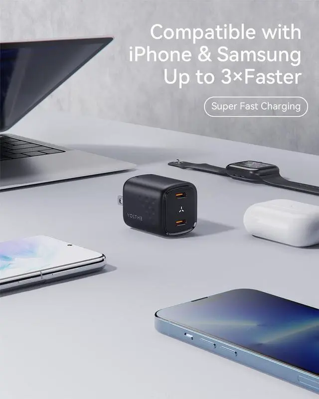 Alt view image 5 of 6 - USB C Charger 30W Fast Charger Block 2 Port Compact Charger with Foldable Plug for MacBook Air iPhone 14 Pro/14 Pro Max/13/12 Pixel Galaxy iPad/iPad mini and More