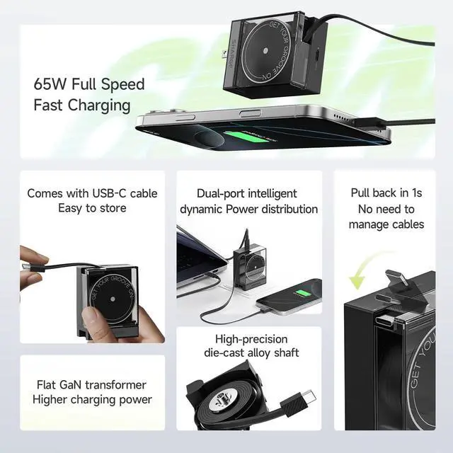 Alt view image 5 of 7 - Retractable 65W USB C Charger GaN Power Wall Charger with Retractable Cable 2 Devices PD Fast Charging for MacBook Pro/Air iPhone 16 Pixel Book iPad Pro Black