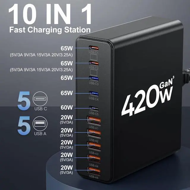 Alt view image 2 of 6 - 420W USB C Charger Block,10-Port Charging Station GaN Fast Type & A Wall Adapter for MacBook Pro/Air,iPhone,iPad,Dell XPS, Galaxy(Black) by DT