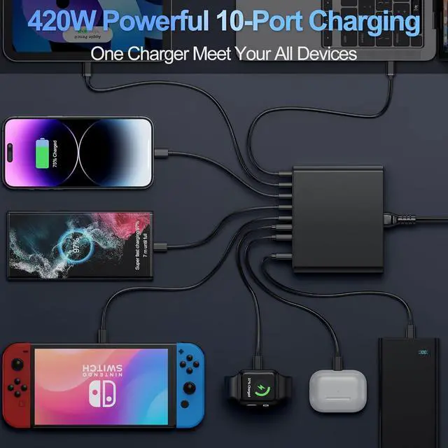 Alt view image 4 of 6 - 420W USB C Charger Block,10-Port Charging Station GaN Fast Type & A Wall Adapter for MacBook Pro/Air,iPhone,iPad,Dell XPS, Galaxy(Black) by DT