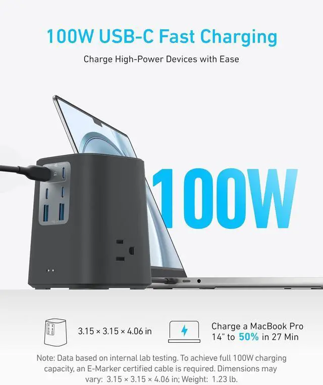 Alt view image 3 of 6 - Charging Station (100W) 9-in-1 USB-C Power Strip with 300J Surge Protection for iPhone 16 & MacBook 5 ft Flat Cable and Plug 4 USB-C and 2 USB-A Ports 3 AC Outlets for Home Office