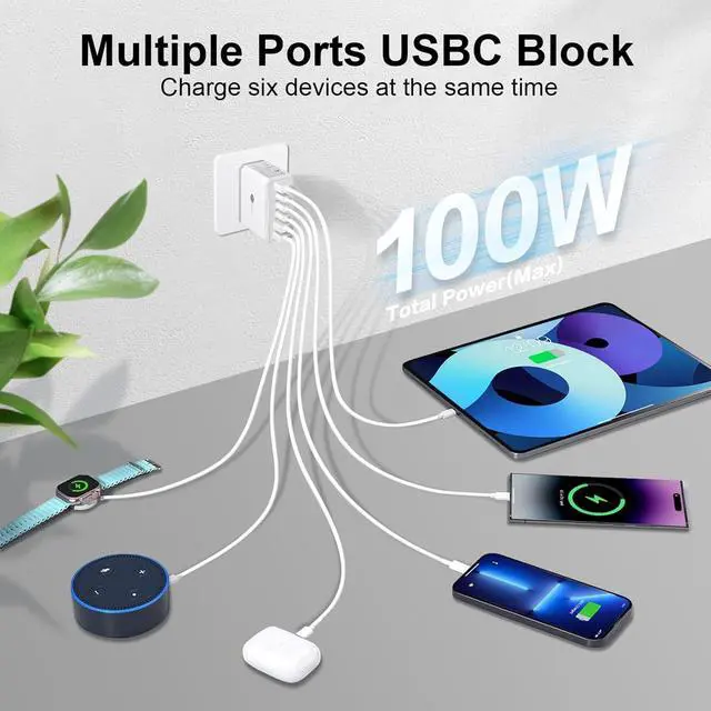 Alt view image 3 of 7 - USB C Charger Block:100W 6-Port Fast Charging Blocks Wall Charger Type C Charging Brick USB Cube Power Adapter for iPhone 16/15/14/13/12/11 Pro Max Cell Phones - Lightweight & Travel-Friendly Design