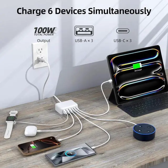 Alt view image 3 of 7 - USB C Charger Block 100W GaN 6 Port PD USB C QC USB A Wall Charger Adapter Plug Cube Super Fast Type C Charging Station Hub for iPhone 16 15 14 13 12 Pro Max iPad  Pixel 5ft Extension Cord