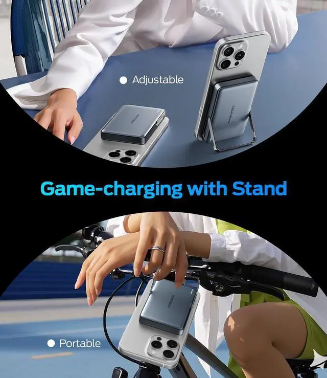 Alt view image 2 of 7 - 0.55 Slim 10000 mAh Magnetic Power Bank for iPhone with Kickstand 22.5W PD Fast Charging Magsafe Battery Pack for iPhone 16/15/14/13/12 Series Glacier Gray