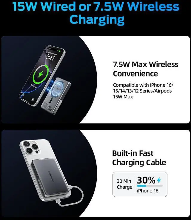 Alt view image 5 of 7 - 0.55 Slim 10000 mAh Magnetic Power Bank for iPhone with Kickstand 22.5W PD Fast Charging Magsafe Battery Pack for iPhone 16/15/14/13/12 Series Glacier Gray