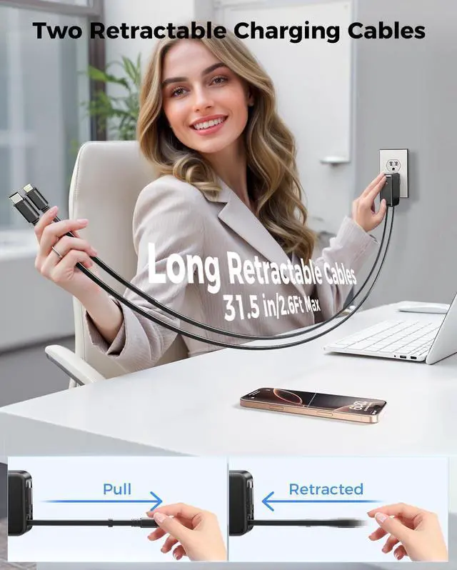 Alt view image 2 of 7 - 62W Retractable Wall Charger with Dual Cables 3-Port USB Charger Block 35W iPhone Chargers Fast Charging for iPhone 16/15/14/13/12/11 Series Pad Tablet LG  and More