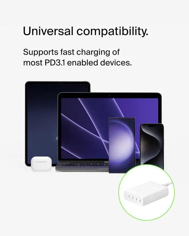 Alt view image 6 of 7 - BoostCharge Pro 4-Port USB-C GaN Wall Charger 200W Multi-Port Charger USB-C PD 3.1 Fast Charge + 5ft Power Cord - MacBook iPhone 16 iPad Galaxy S25 Google Pixel Nintendo Switch 2 - White