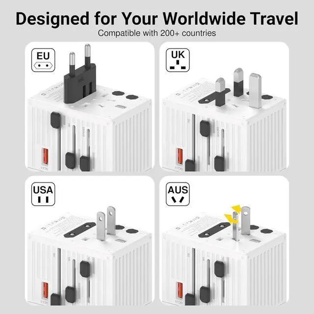 Alt view image 2 of 7 - WorldTravel 65W GaN 5-Port Wall Charger - Compact Universal Travel Adapter with 4 Plug Types (US/UK/EU/AU) for 200+ Countries - 4X USB-C & 1x USB-A Ports PD Fast Charging - White