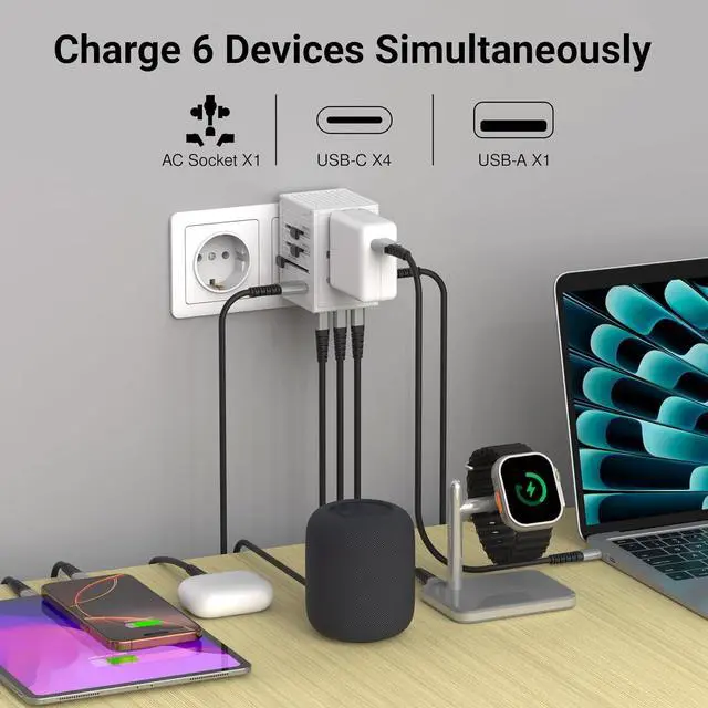 Alt view image 3 of 7 - WorldTravel 65W GaN 5-Port Wall Charger - Compact Universal Travel Adapter with 4 Plug Types (US/UK/EU/AU) for 200+ Countries - 4X USB-C & 1x USB-A Ports PD Fast Charging - White