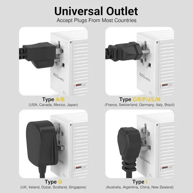 Alt view image 4 of 7 - WorldTravel 65W GaN 5-Port Wall Charger - Compact Universal Travel Adapter with 4 Plug Types (US/UK/EU/AU) for 200+ Countries - 4X USB-C & 1x USB-A Ports PD Fast Charging - White