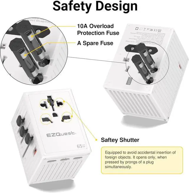 Alt view image 5 of 7 - WorldTravel 65W GaN 5-Port Wall Charger - Compact Universal Travel Adapter with 4 Plug Types (US/UK/EU/AU) for 200+ Countries - 4X USB-C & 1x USB-A Ports PD Fast Charging - White