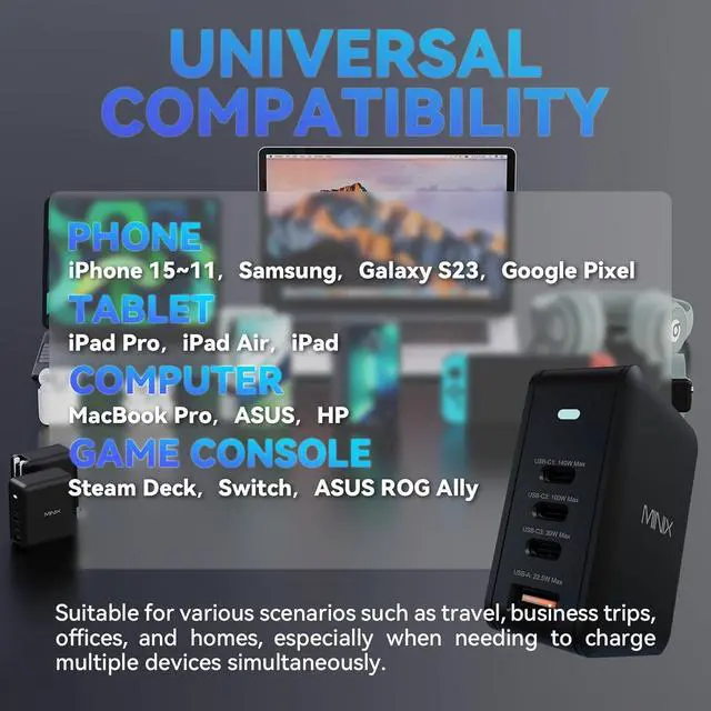 Alt view image 5 of 7 - 165W USB C Charger GaN II Charger PD3.1 Max 140W Turbo 4-Port Charging Adapter Fast Charging Station Compatible with MacBook Pro/iPad Air/iPhone15 14 13Pro Max/Galaxy S24 Ultra and More