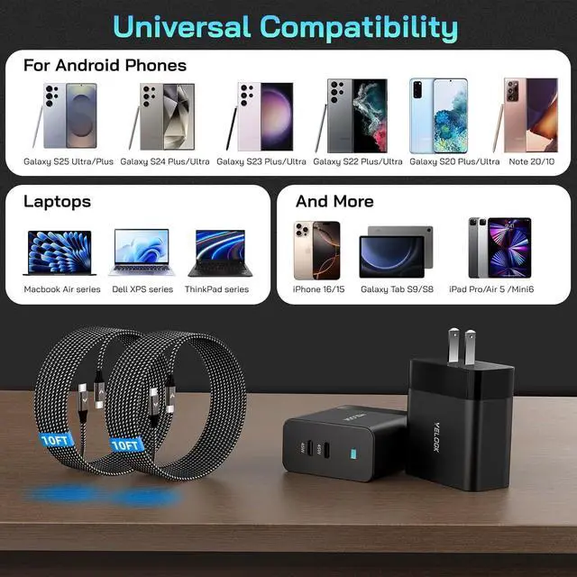 Alt view image 4 of 7 - 2Port 45W USB-C Charger 2Pack 45W Super Fast Charger Type C Android Phone Charger Fast Charging Block for  Galaxy S25 Ultra/S25+/S24 Ultra/S23+/S22/S20 Ultra Tab S9 with 2X 10ft Type C Cord