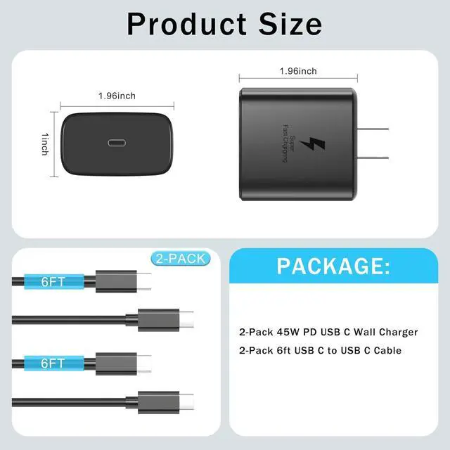 Alt view image 2 of 7 - 45W Super Fast Charger USB C Type C PD 3.0 45Watt USB-C Android Phone Charger with 6FT Fast Charging Cord for  Galaxy S25/S25 Ultra/S25+/S24/S24Ultra/S24+/S23/S23Ultra/S23+/S22/S21/S20 (2Pack)