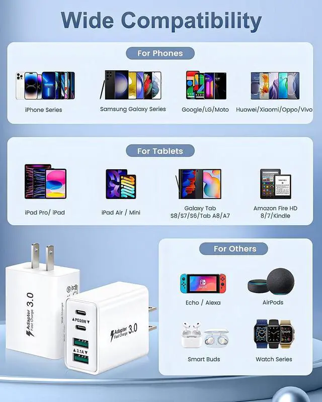 Alt view image 7 of 7 - USB C Charger Block 2-Pack 40W USBC Wall Charger Plug 4 Ports Dual PD Power Adapter +QC 3.0 Fast Charging Brick Multiport Type C Cubes Box for iPhone 16 15 14 13 12 11 Pro Max Plus iPad