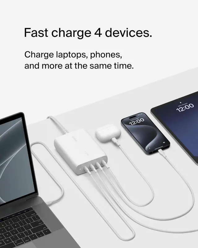 Alt view image 2 of 7 - BoostCharge Pro 4-Port USB-C GaN Wall Charger 200W Multi-Port Charger USB-C PD 3.1 Fast Charge + 5ft Power Cord - MacBook iPhone 16 iPad Galaxy S25 Google Pixel Nintendo Switch 2 - White