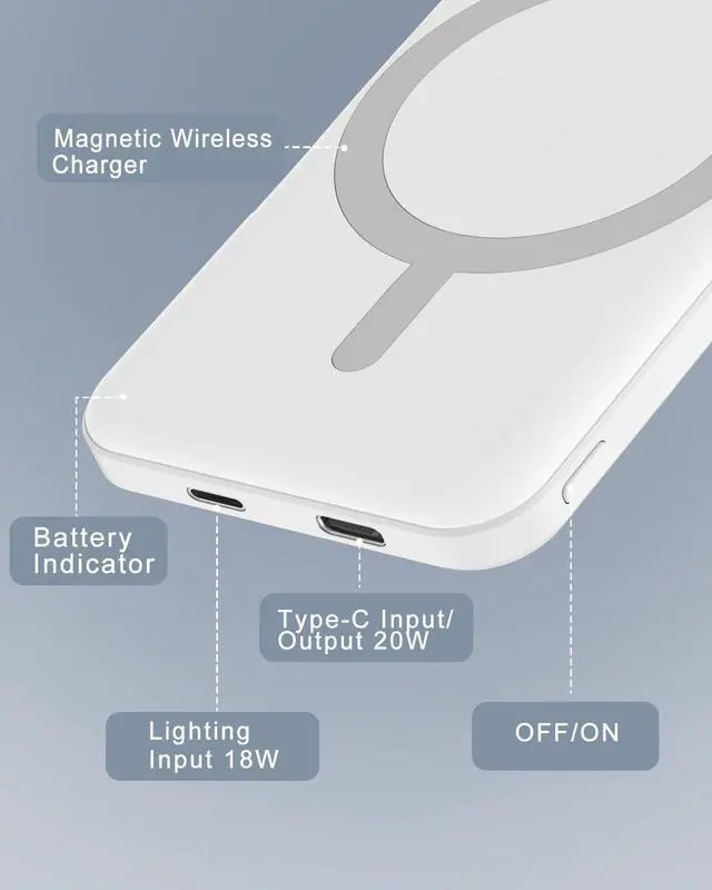 Alt view image 5 of 7 - for Magsafe Battery Pack 5000mAh Magnetic Power Bank with Type-C Cable 20W PD Fast Charging Lighting Input Wireless Portable Charger for iPhone 16/15/14/13/12/ All Series-White