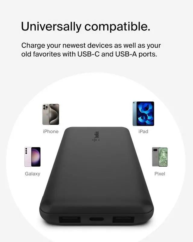 Alt view image 2 of 7 - Portable Charger USB-C Power Bank 10 000mAh w/ 2xUSB-A Ports 15W w/ Type-C to Type-A Cable for iPhone 16 16 Plus 16e  Galaxy S25 Nintendo Switch 2 & More - Black