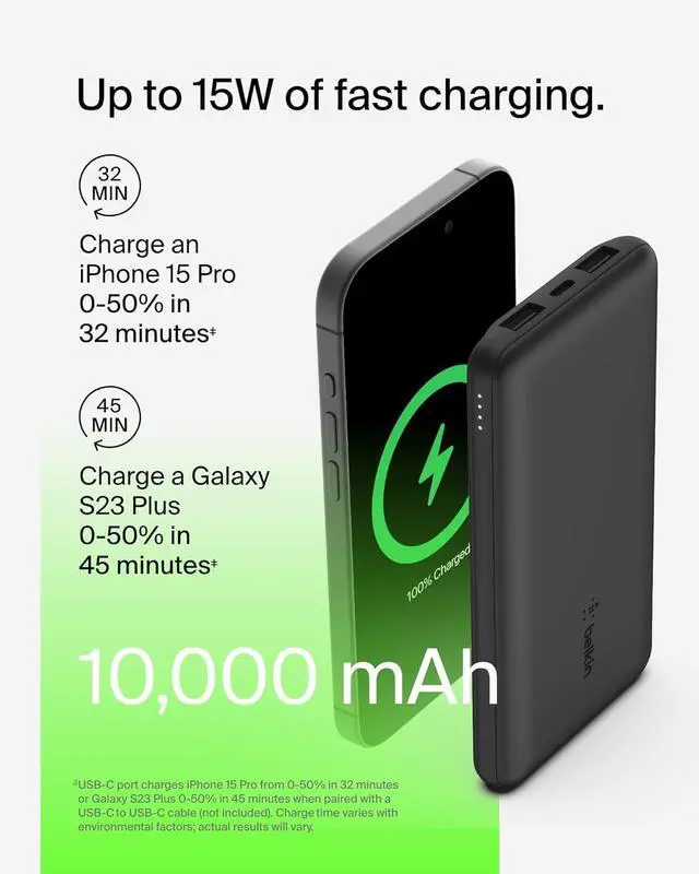 Alt view image 5 of 7 - Portable Charger USB-C Power Bank 10 000mAh w/ 2xUSB-A Ports 15W w/ Type-C to Type-A Cable for iPhone 16 16 Plus 16e  Galaxy S25 Nintendo Switch 2 & More - Black