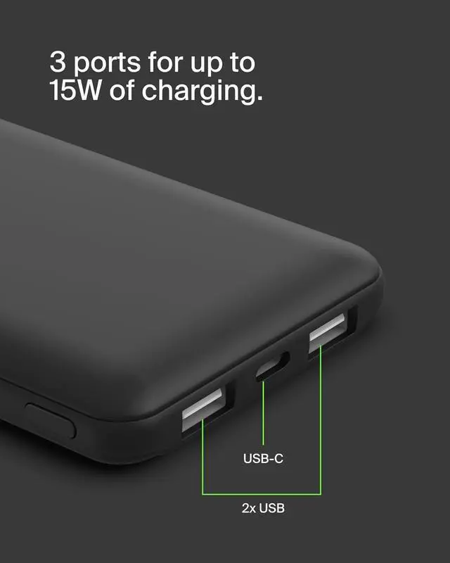 Alt view image 6 of 7 - Portable Charger USB-C Power Bank 10 000mAh w/ 2xUSB-A Ports 15W w/ Type-C to Type-A Cable for iPhone 16 16 Plus 16e  Galaxy S25 Nintendo Switch 2 & More - Black