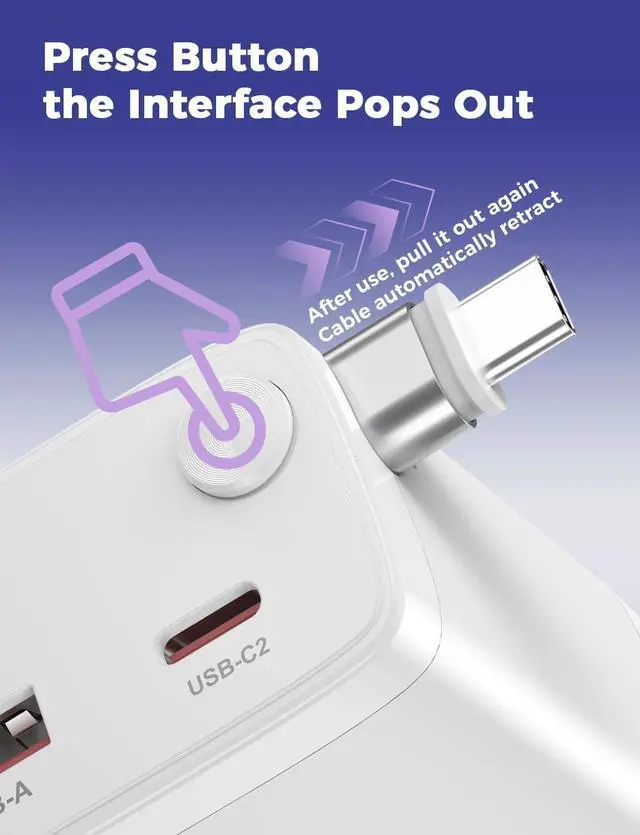 Alt view image 3 of 7 - 30W Retractable Wall Charger with USB C Cable 2.1FT 2-Port USB Block 3 in 1 Travel Essentials for iPhone Charger Fast Charging Plug for iPhone 16/15 Series iPad LG -Only 1Pcs