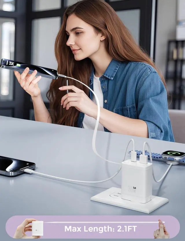 Alt view image 5 of 7 - 30W Retractable Wall Charger with USB C Cable 2.1FT 2-Port USB Block 3 in 1 Travel Essentials for iPhone Charger Fast Charging Plug for iPhone 16/15 Series iPad LG -Only 1Pcs