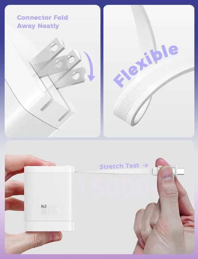 Alt view image 6 of 7 - 30W Retractable Wall Charger with USB C Cable 2.1FT 2-Port USB Block 3 in 1 Travel Essentials for iPhone Charger Fast Charging Plug for iPhone 16/15 Series iPad LG -Only 1Pcs