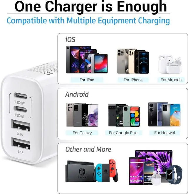 Alt view image 5 of 7 - USB C Block 40W 4 Ports Wall Plug Fast Charging Block PD+QC Multiport Power Adapter USB C Charger Type C for iPhone 16 15 14 13 12 11 Pro Max X Xr Xs 8 7 Watch Galaxy Phones (White 1Pack)