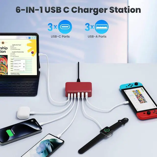 Alt view image 3 of 7 - USB C Charger 108W USB C Charger Block Upgraded GaN III 6-Port Fast USB Charging Station Hub 3xQC+3xPD3.0 Phone Charger Adapter Compatible with iPhone 16/15/14/13/X/8 Android  iPad Tablets-Red