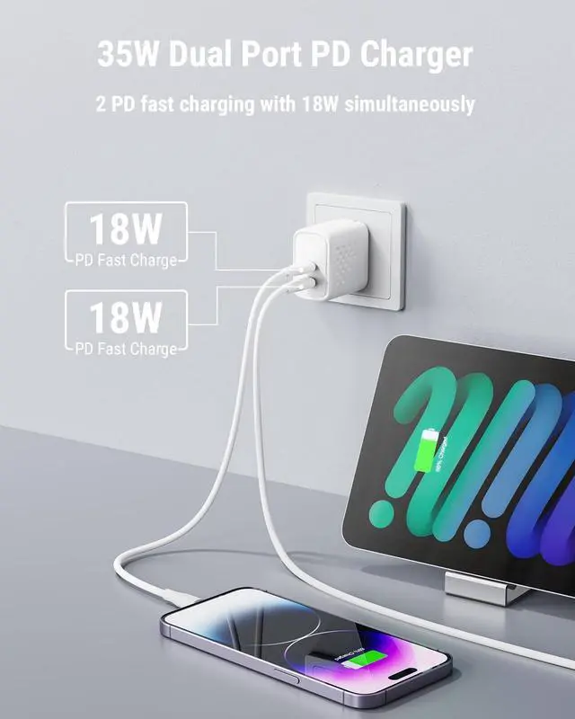 Alt view image 3 of 6 - USB C Charger 35W USB Wall Charger Block PPS Dual USB-C Port Compact Foldable Power Adapter for MacBook Air iPhone 14/13/Mini/Pro/Pro Max iPad Pro/Air Galaxy and More