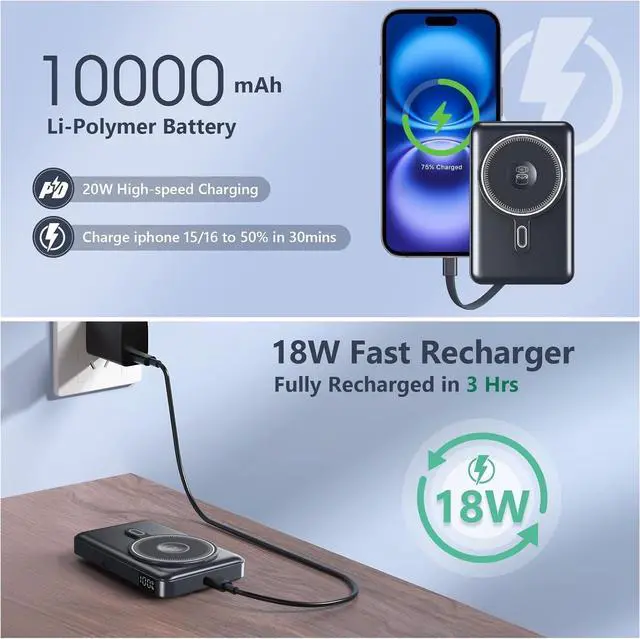 Alt view image 4 of 7 - for Magsafe Portable Charger 10000mAh Wireless Magnetic Power Bank with Built-in Cables Fast Charging for Magsafe Battery Pack Compatible with iPhone Android  Watch AirPods Series (Black)