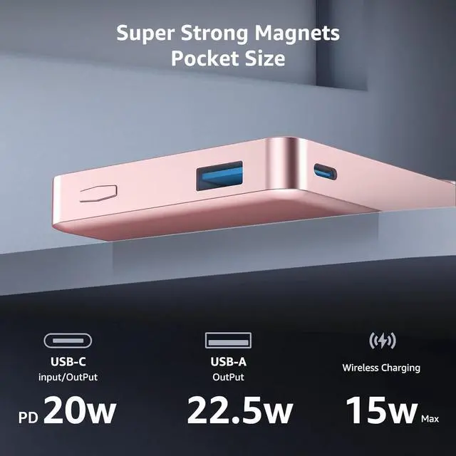 Alt view image 3 of 7 - Magnetic Power Bank 10000mAh Wireless Portable Charger[Alloy-Made] S06 20W PD Fast Charging USB-C Compatible with iPhone 16/15/15 Pro/15 Pro Max/14/13/12 Series Pink