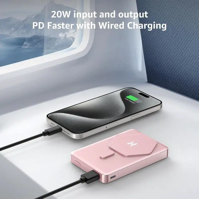 Alt view image 5 of 7 - Magnetic Power Bank 10000mAh Wireless Portable Charger[Alloy-Made] S06 20W PD Fast Charging USB-C Compatible with iPhone 16/15/15 Pro/15 Pro Max/14/13/12 Series Pink