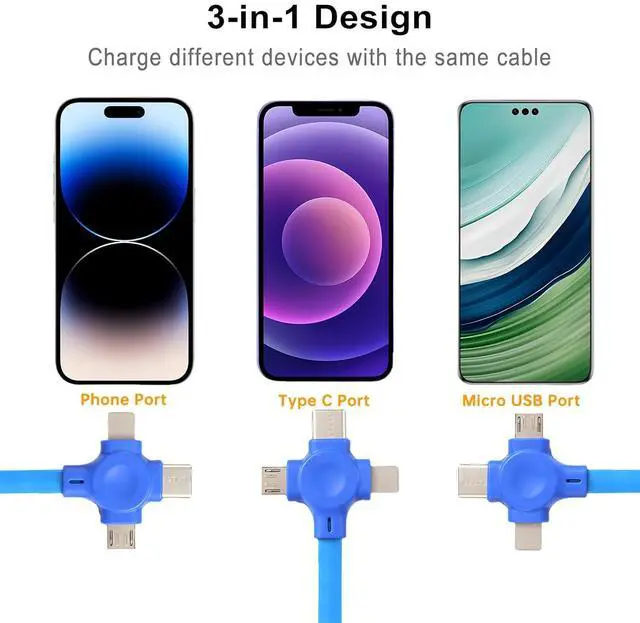 Alt view image 2 of 7 - 2Pack 3 in 1 Multi Charging Cord 3.28Ft/1M Retractable Multi Charger Cable with IP/USB C/Micro USB Phone Holder Multiple Fast Charging Cable for Cell Phones IP Android Tablets (Blue&Red)