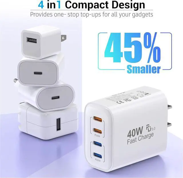 Alt view image 6 of 7 - 40W USB C Charging Block 4 USB C Ports Type C Wall Plug Fast Charger Cube Power Adapter Box for iPhone 16 15 14 13 12 11 Galaxy Phones Watch Tablet Smartphones - 2Pack