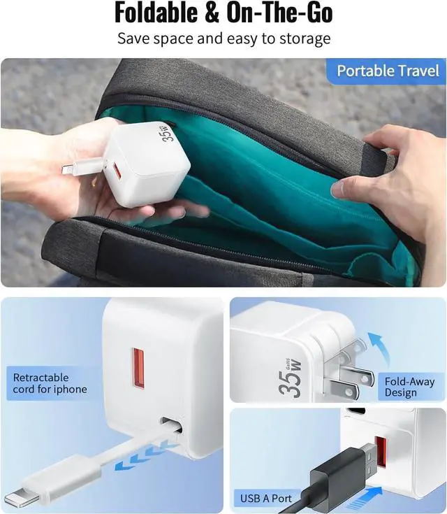 Alt view image 6 of 7 - Retractable Wall Charger 35W Fast USB Chargers Block with Cables for iPhone 14/13/12/11 Pro MAX/XR/XS/8/7 iPad Portable Retractable Charger Wall Plug for Home Travel Office