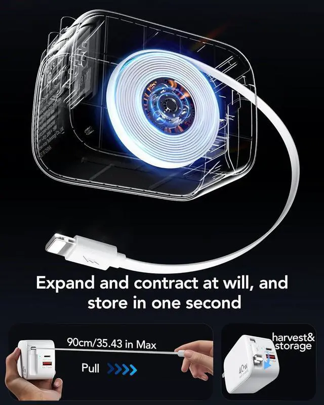 Alt view image 5 of 7 - Retractable Wall Charger 40W PD Fast USB Charger Block with Retractable Lightening Cables for iPhone Portable Adapter with Foldable Plug for iPhone14/13/12 iPad Air-Pods