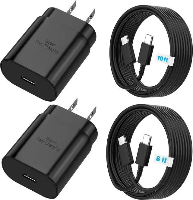 Main image of Android Charger 25W for  Charger Super Fast Charging USB C Block Type C Charge Cable Cord [ 6ft +10ft ] for Galaxy S25/S24 Plus/S23/S22/S21/S20/Note 20/Tablet/Watch/iPhone 16/15-Black 2Pack
