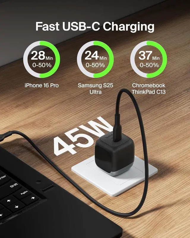 Alt view image 2 of 7 - USB C Charger Block 45W - PD3.1 PPS Fast Charging for  Galaxy S25 S24 S23 S22  iPhone 16 iPhone 15/14/13 Plus Pro Pro Max Google Pixel 9 Nintendo Switch etc - Black
