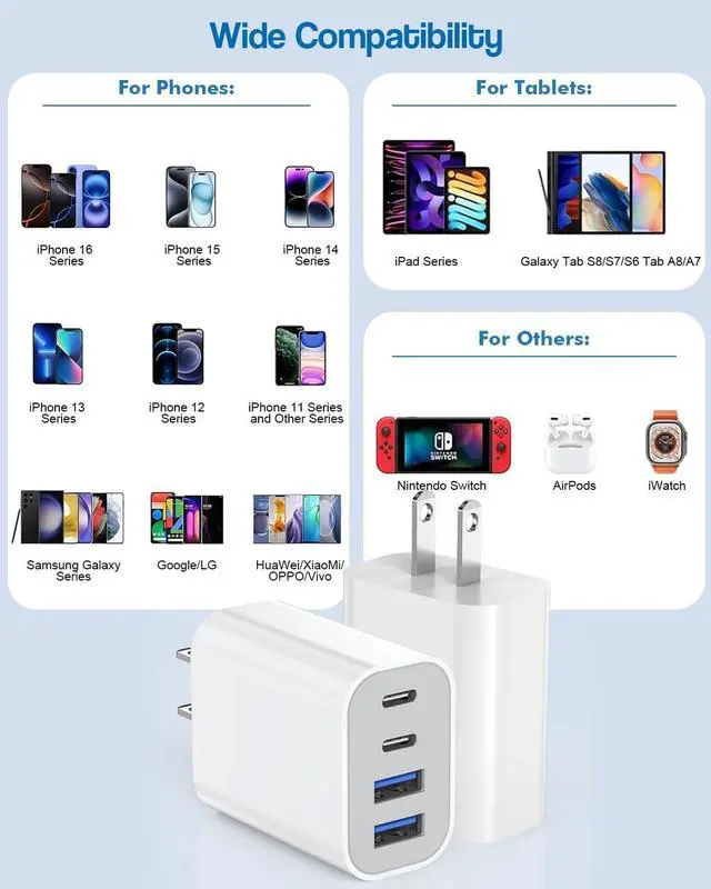 Alt view image 6 of 7 - 40W iPhone 16 Charger Block 2Pack 4-Port Fast USB C Charger Blocks Multiport PD Power Adapter & QC Plug iPhone Cube USBC Charging Brick  Adapter for iPhone 16/16 Pro/15/15 Pro Max/14/13/12/iPad