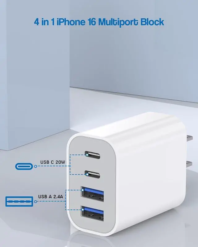 Alt view image 7 of 7 - 40W iPhone 16 Charger Block 2Pack 4-Port Fast USB C Charger Blocks Multiport PD Power Adapter & QC Plug iPhone Cube USBC Charging Brick  Adapter for iPhone 16/16 Pro/15/15 Pro Max/14/13/12/iPad