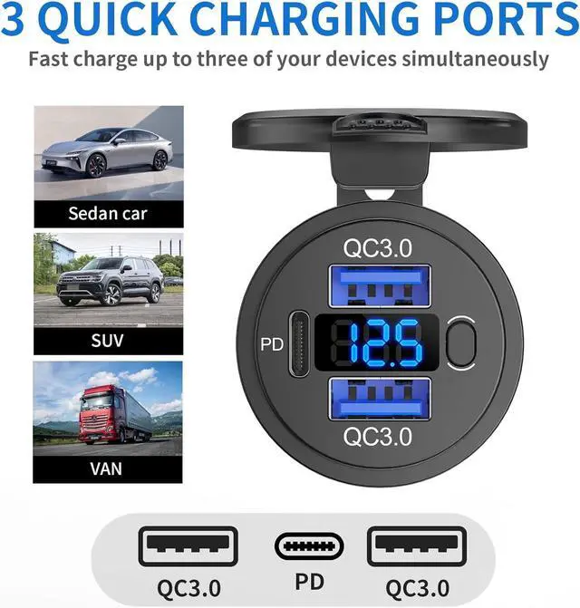 Alt view image 2 of 7 - 12V USB C Outlet Marine USB Charging Port for Car Dual Quick Charge 3.0 & PD 3.0 Car Charger Socket with Button Switch and Voltmeter Cigarette Lighter Replacement DIY Kit for 12V/24V Vehicles