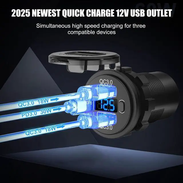 Alt view image 3 of 7 - 12V USB C Outlet Marine USB Charging Port for Car Dual Quick Charge 3.0 & PD 3.0 Car Charger Socket with Button Switch and Voltmeter Cigarette Lighter Replacement DIY Kit for 12V/24V Vehicles