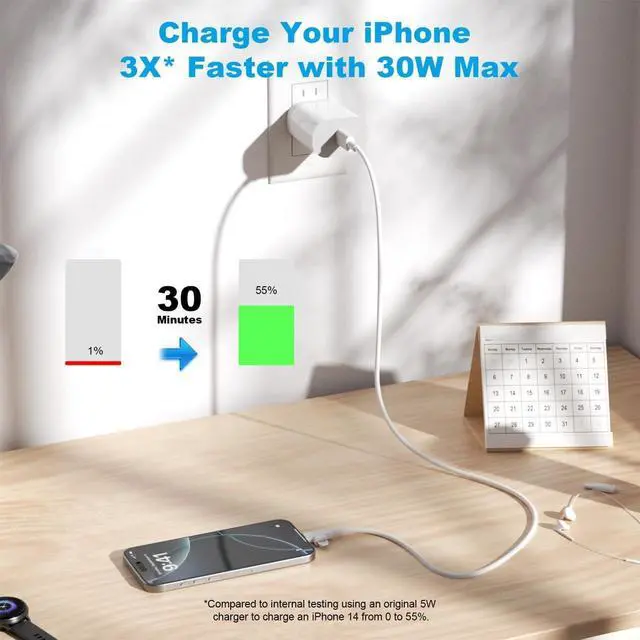 Alt view image 5 of 7 - [2025 Upgraded] 30W iPhone 16/15/14/13/12 Charger Fast Charging Block with 6FT Long C to Type C& Lightning Cable 60W.Fast Charging for All iPhone/iPad and Galaxy Series (White 2)