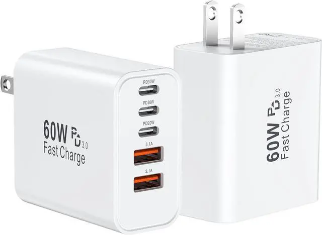 Main image of USB C Fast Wall Charger Block 2Pack 60W USBC Charging Cubes 5-Port PD+QC Power Adapter Multiport Brick Type C Box Plug for iPhone 16/15/14/13/12/11/Pro Max/Plus iPad mini/Pro Galaxy S25/S24