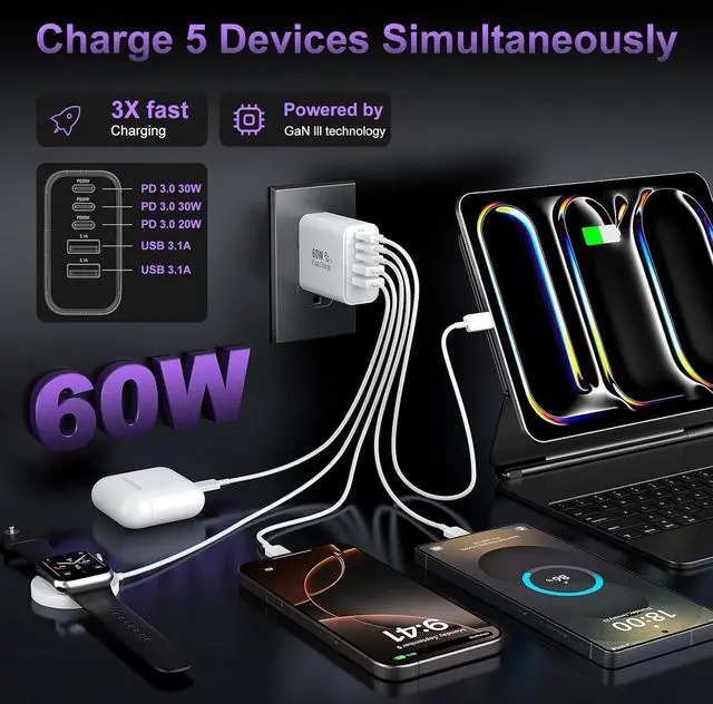 Alt view image 3 of 7 - USB C Fast Wall Charger Block 2Pack 60W USBC Charging Cubes 5-Port PD+QC Power Adapter Multiport Brick Type C Box Plug for iPhone 16/15/14/13/12/11/Pro Max/Plus iPad mini/Pro Galaxy S25/S24